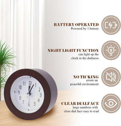 Wooden Analog Alarm Clock Silent Non-Ticking Desk Clock Battery Operated Table Clock with Nightlight for Bedroom,Children's Room, Living Room,Natural(4Inch)