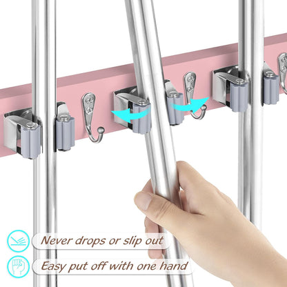 OUTNILI Mop and Broom Holder Wall Mount - Wood Broom Mop Hanger - Wall Mounted Garden Tool Rack Organizer for Closet Garage Laundry Room, Rustic Kitchen Decor With 4 Slots & 4 Hooks