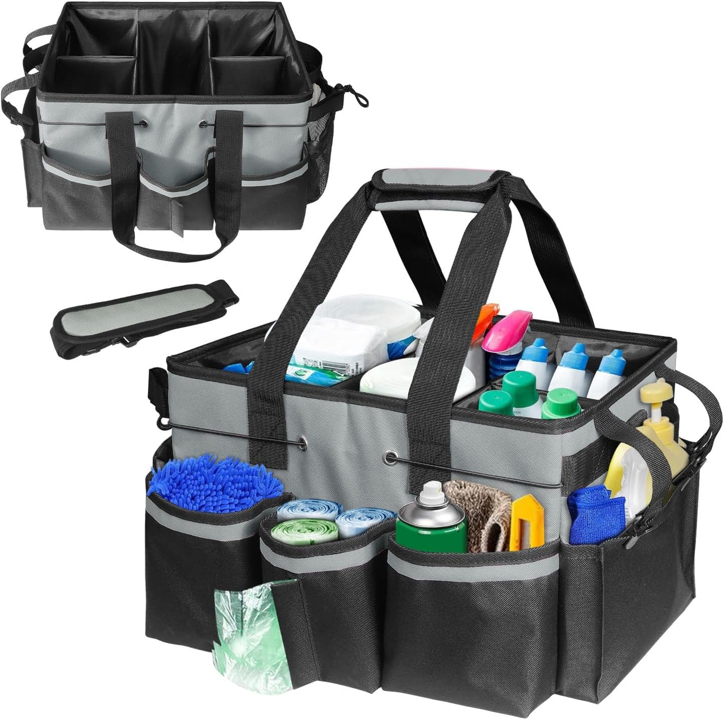Cleaning Caddy Tote with Removable Dividers - 17.8x12.2x9.3in Waterproof Tool Organizer Bag with Handles & Adjustable Shoulder Strap for Housekeepers, Cleaners & Car Detailing Supplies (Pink)