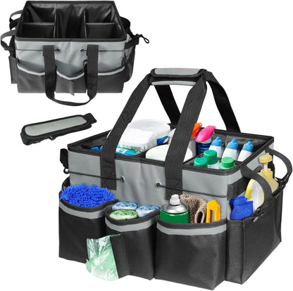 Cleaning Caddy Tote with Removable Dividers - 17.8x12.2x9.3in Waterproof Tool Organizer Bag with Handles & Adjustable Shoulder Strap for Housekeepers, Cleaners & Car Detailing Supplies (Pink)
