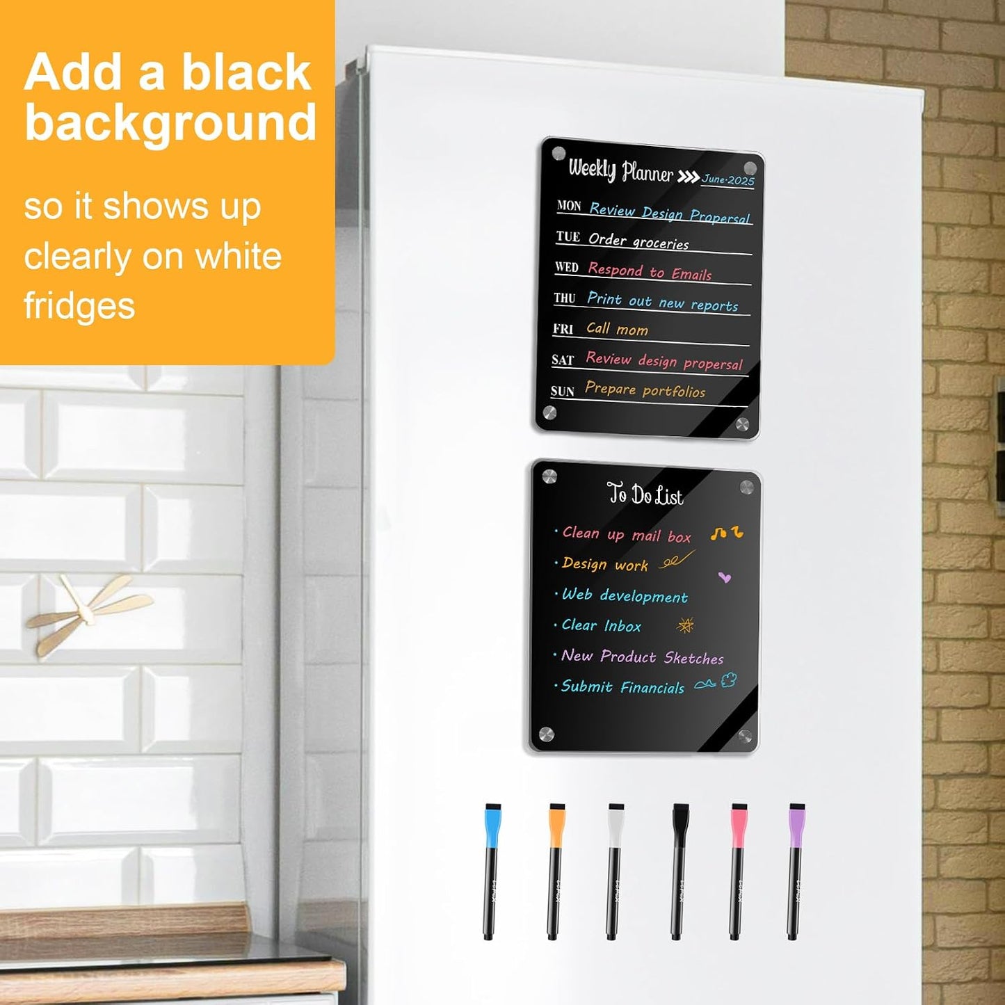 2 Pack Magnetic Acrylic Fridge Calendar Whiteboard Weekly Planner | Weekly Calendar & To-Do List Set. Includes 6 Markers, Towel, 2 Black Backings & 8 Nano Silicone Pads.