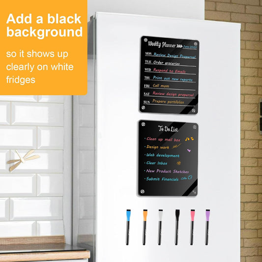2 Pack Magnetic Acrylic Fridge Calendar Whiteboard Weekly Planner | Weekly Calendar & To-Do List Set. Includes 6 Markers, Towel, 2 Black Backings & 8 Nano Silicone Pads.