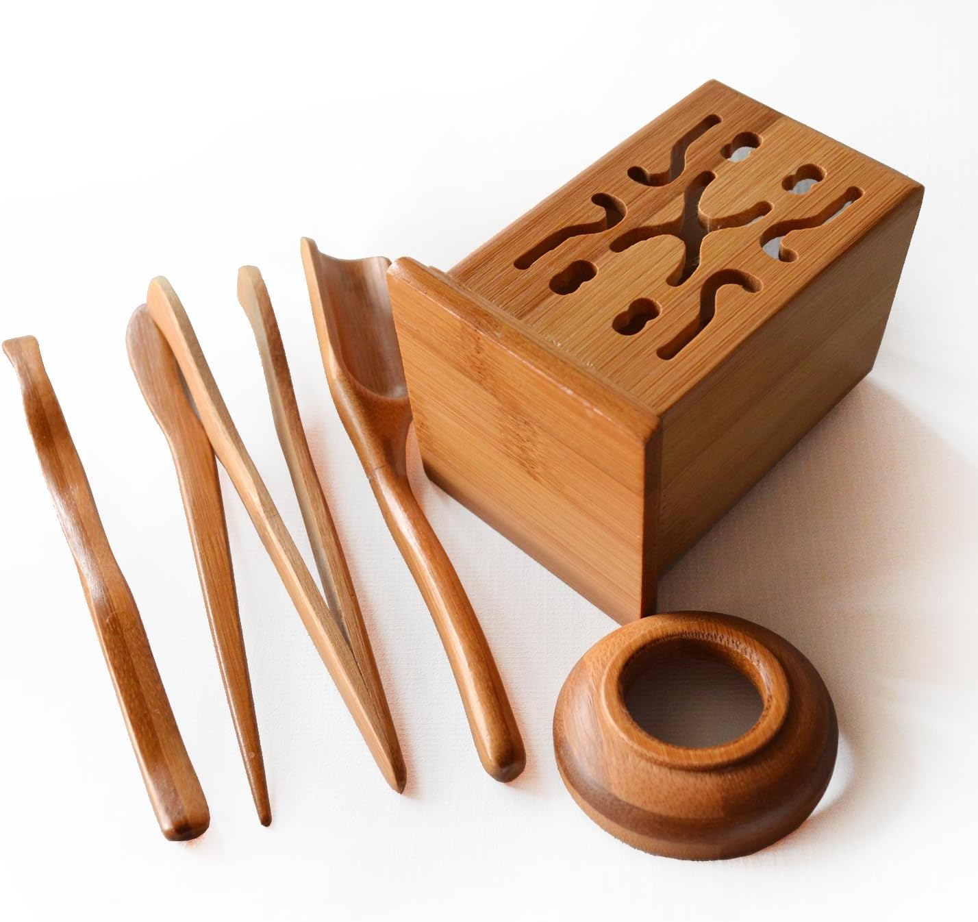 Chadao Tea Ceremony Set, 6-Piece GongFu Tea Bamboo Tools Spoon, Tin Needle Funnel (Square canister)