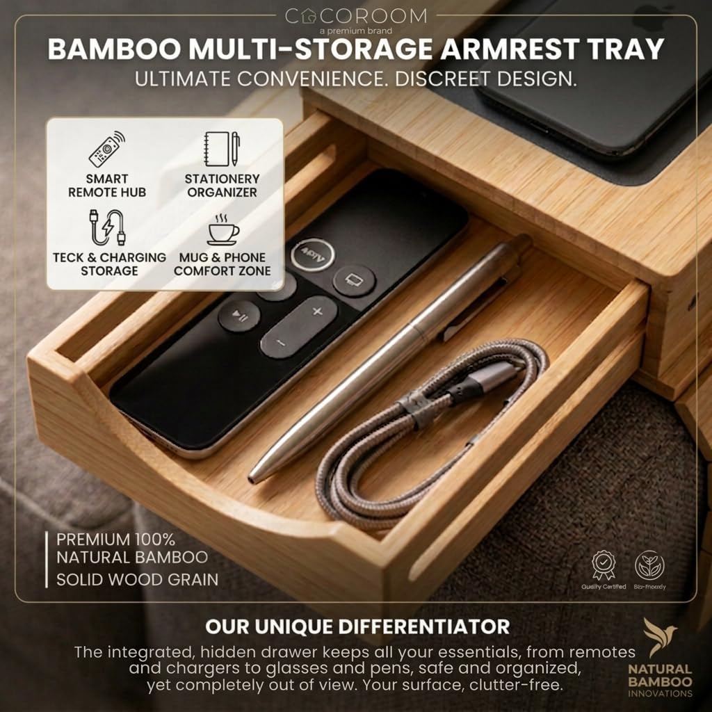 Sofa Arm Tray with Drawer, Bamboo Couch Armrest Table, Natural | Anti-slip phone pad | Wood finish | Hidden storage for remote, glasses, snacks | Fits armchair, recliner, chair, arm rests