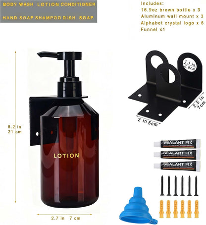 Wall Mounted Shampoo Dispenser for Shower, 3 Chamber 16.9 fl oz Each, 4CC Pump Soap Dispenser for Bathroom, Glossy Black Shampoo and Conditioner Dispenser with Crystal Labels (Brown)