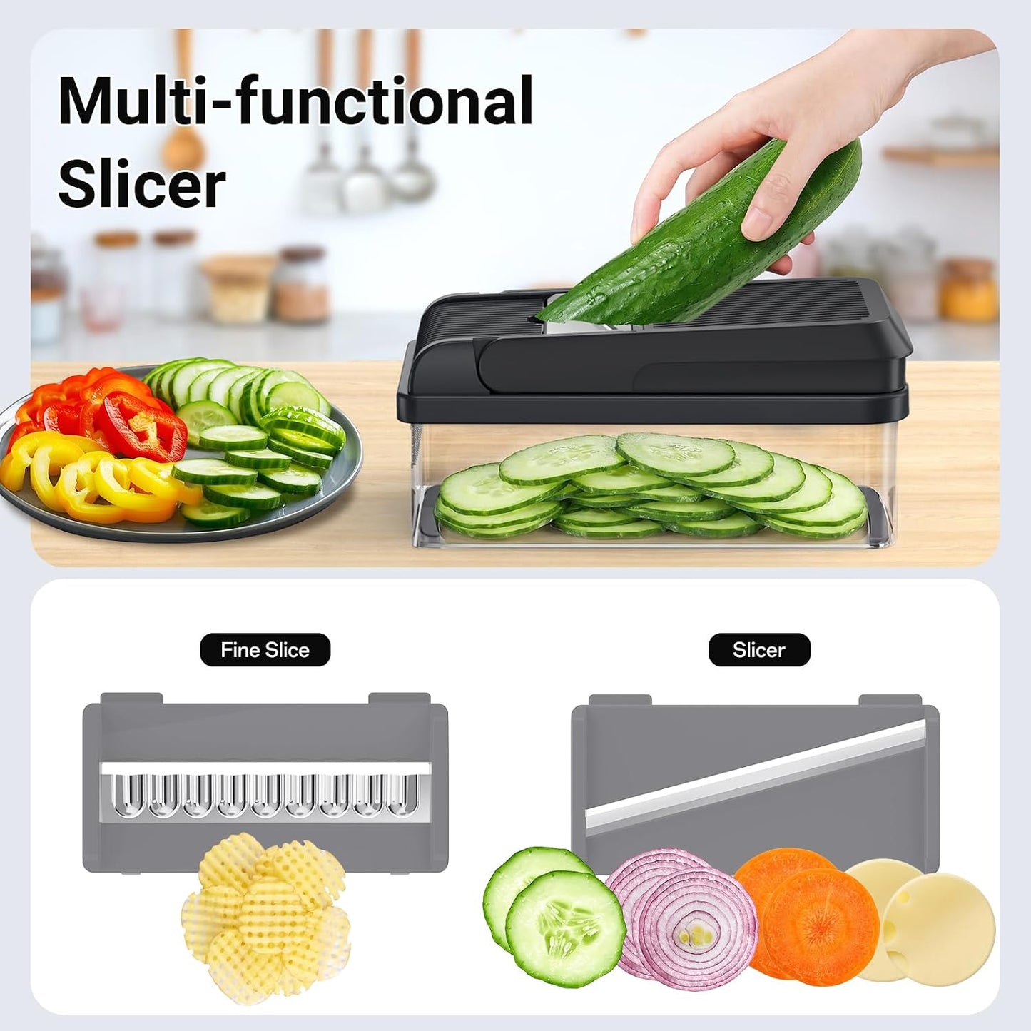 12-in-1 Vegetable Chopper with 7 Blades, Food Veggie Cutter, Green | Includes Egg Separator, Food Container and Finger Guard, Non-slip Base, for Chopping, Slicing, Shredding, and Mincing