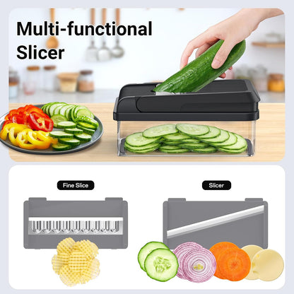 12-in-1 Vegetable Chopper with 7 Blades, Food Veggie Cutter, Green | Includes Egg Separator, Food Container and Finger Guard, Non-slip Base, for Chopping, Slicing, Shredding, and Mincing