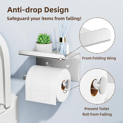 Adhesive Toilet Paper Holder with Shelf, Stainless Steel, Silver | Two Installation Ways:Self Adhesive or Wall Mount, Stick On Toilet Paper Holder, Peel and Stick, Bath Tissue Holder, Bathroom