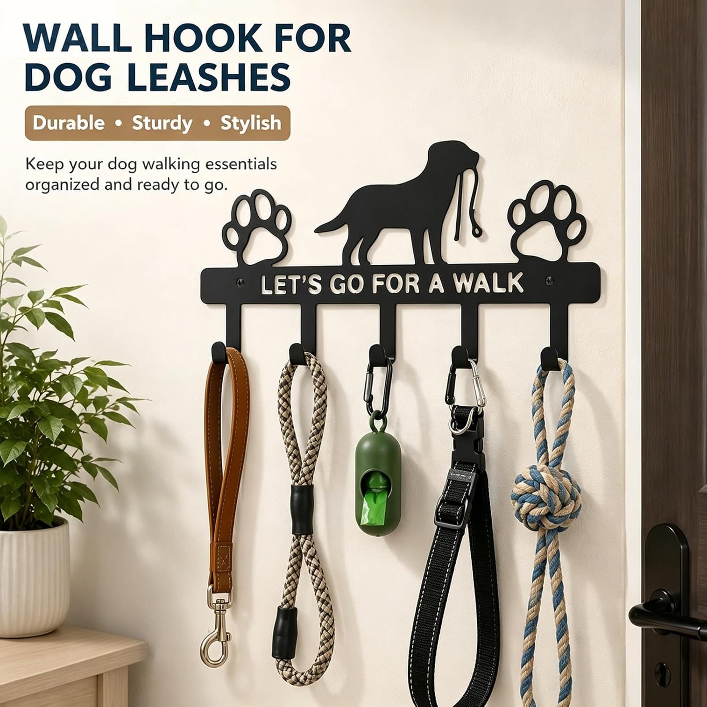 Dog Leash Holder for Wall, Key Holder with 5 Metal Hooks, Let's Go for A Walk Pet Leash & Collar Organizer, Screw Mounted Wall Rack for Entryway, Garage, Mudroom & Hallway