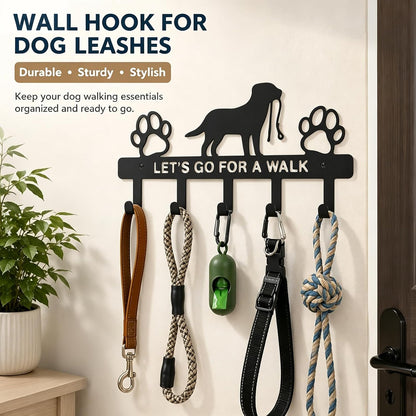 Dog Leash Holder for Wall, Key Holder with 5 Metal Hooks, Let's Go for A Walk Pet Leash & Collar Organizer, Screw Mounted Wall Rack for Entryway, Garage, Mudroom & Hallway