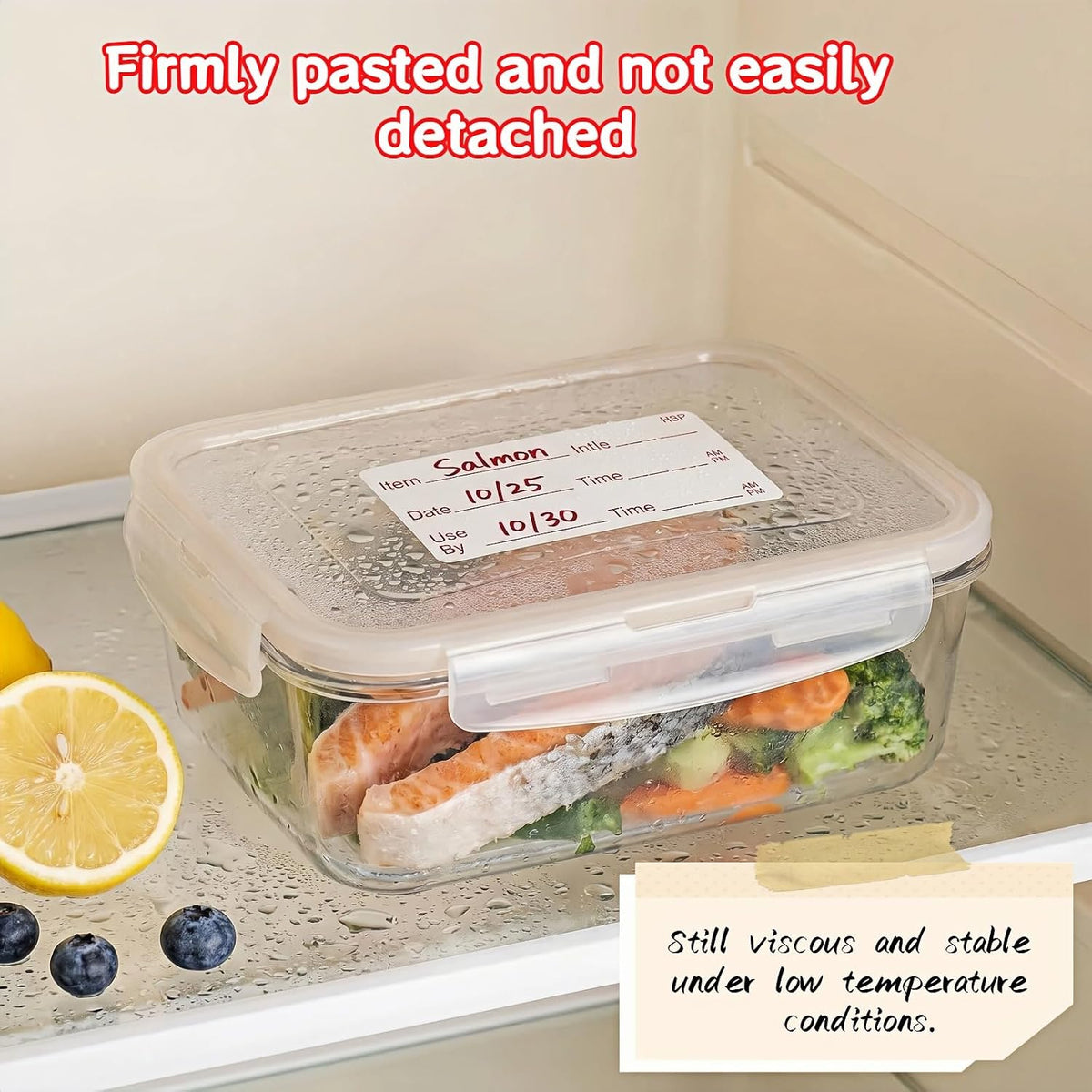 Food Storage Labels, 500 Per Roll, 1.97x0.98 Inch, Waterproof and Oil-Proof, Writable Date Stickers for Kitchen, Restaurant, Freezer Containers
