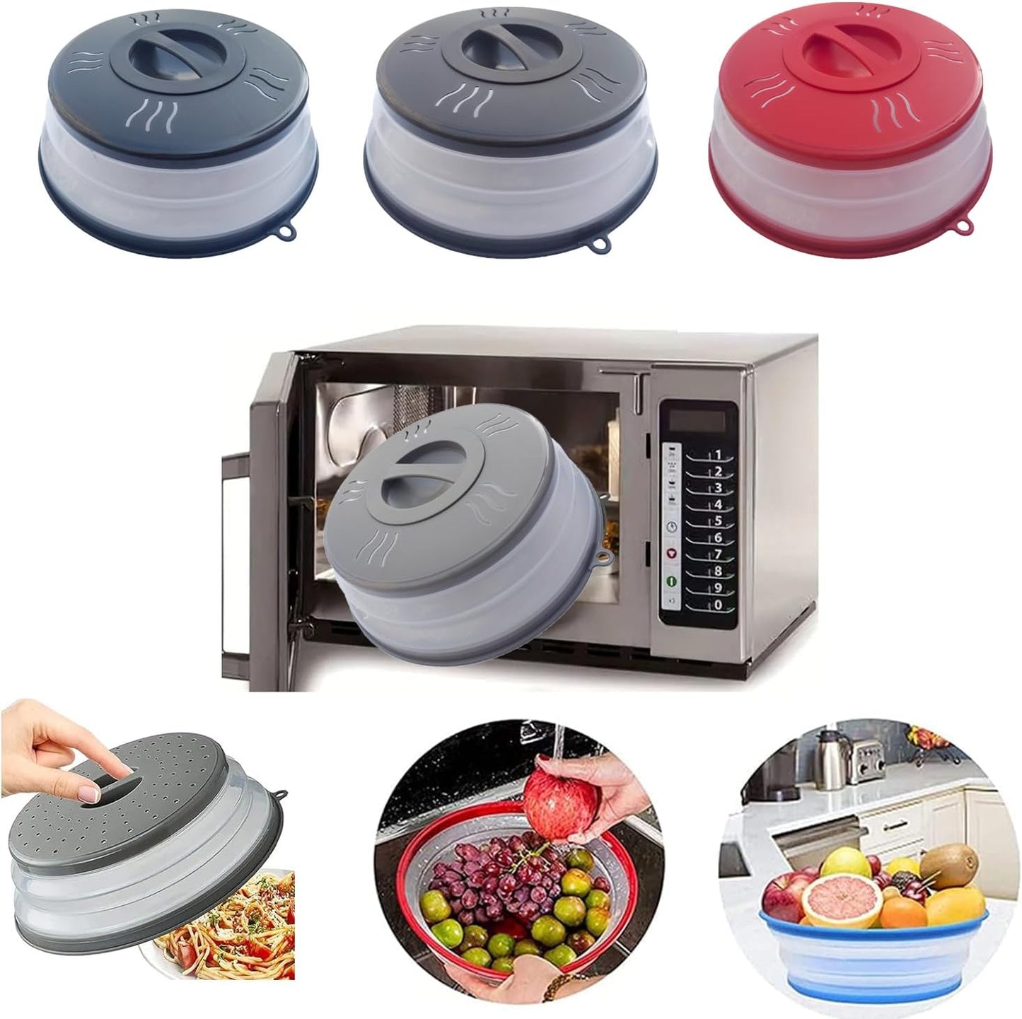 Microwave Splatter Cover Vented for Food, Microwave Plate Cover Splatter Guard & Colander, Fruit Vegetables Drainer with Hook Hole, Dishwasher-Safe,BPA-Free Silicone & Plastic (Black)