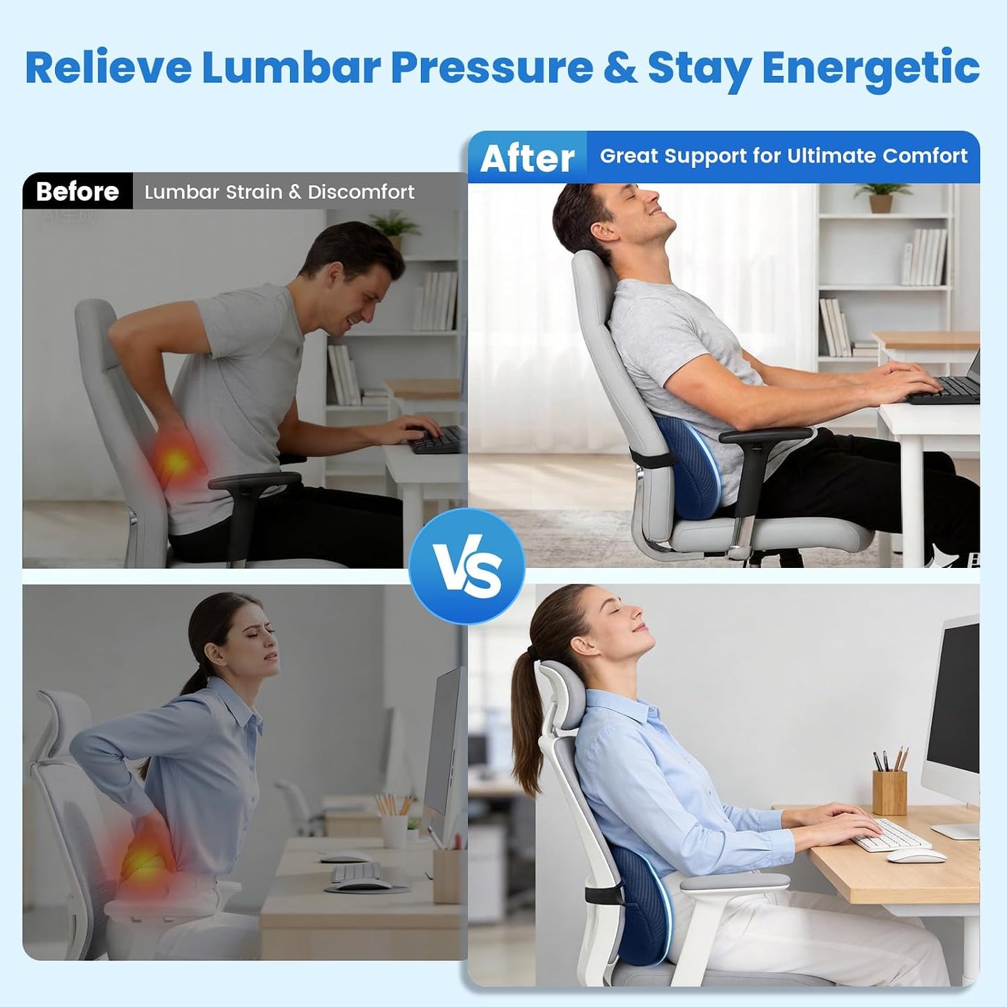 Lumbar Support Pillow, Memory Foam Back Cushion for Office Chair Car, Black | Ergonomic Lower Back Support with Adjustable Strap, Breathable Removable Cover for Couch, Wheelchair and Daily Comfort