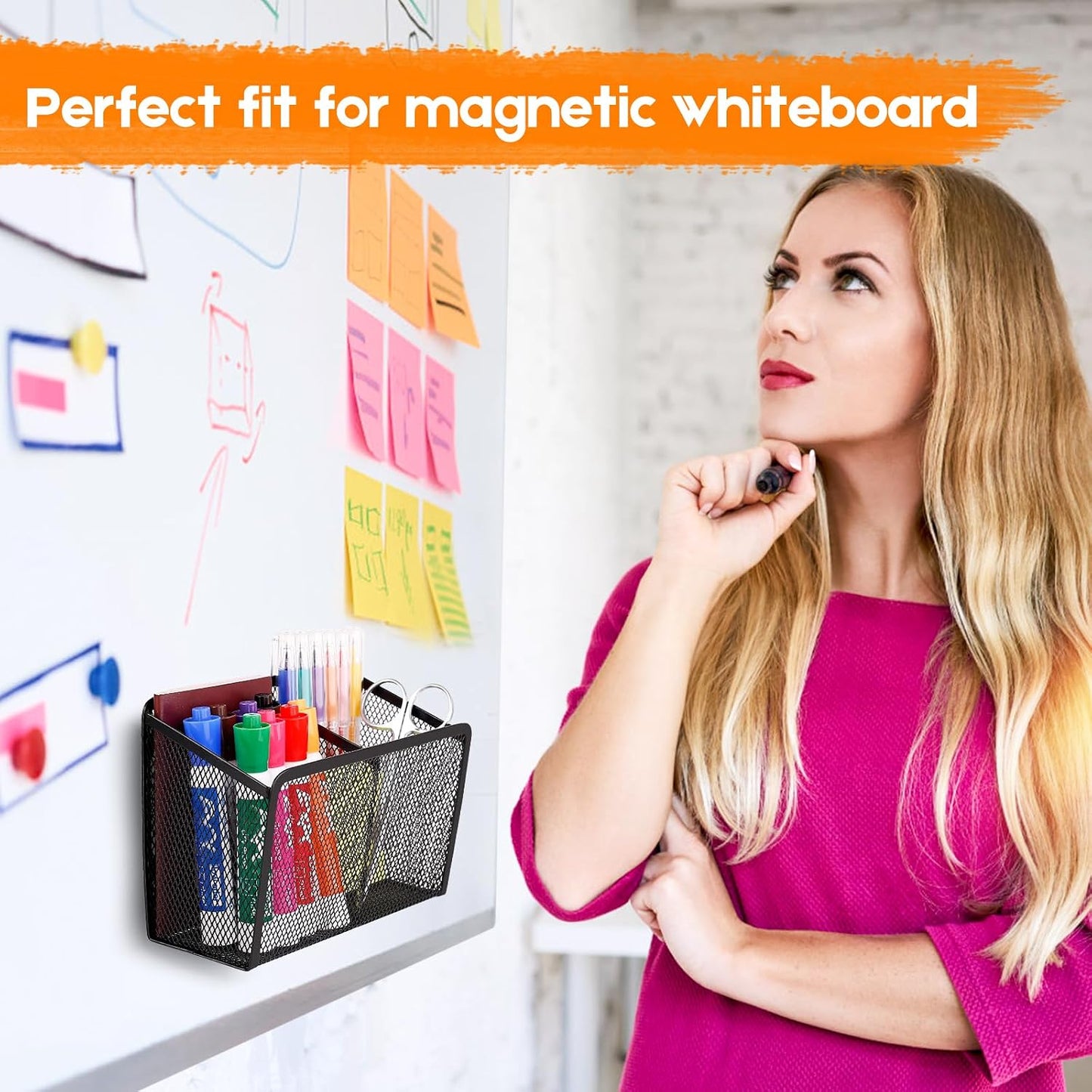 Magnetic Pencil Holder Whiteboard Pen Holder Locker Accessories (2-Slot*1) | Locker Organizer, Desk Organizer, Teacher Supplies, Mesh Basket, Strong Magnets, Black, For Fridge School Office Home