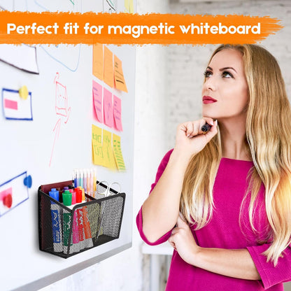 Magnetic Pencil Holder Whiteboard Pen Holder Locker Accessories (2-Slot*1) | Locker Organizer, Desk Organizer, Teacher Supplies, Mesh Basket, Strong Magnets, Black, For Fridge School Office Home