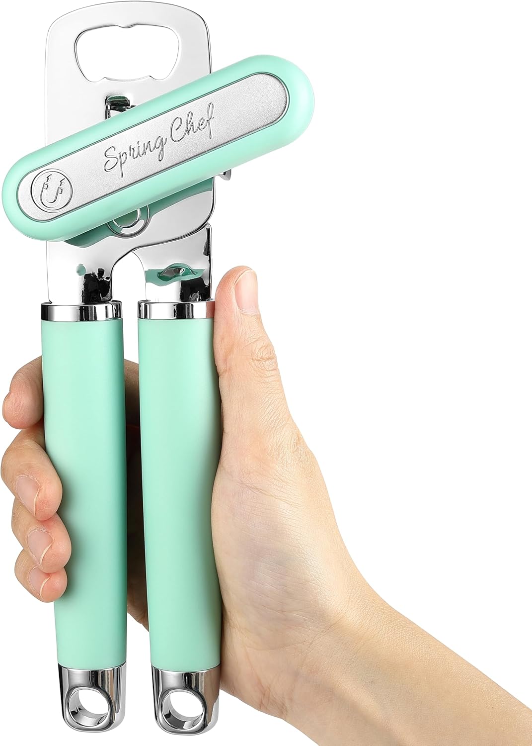 Spring Chef Stainless Steel Manual Can Opener with Soft Grip Handles, Black | Heavy Duty Hand Can Opener for Seniors with Smooth Edge, Easy Turn, 3in1 Can Opener with Magnetic Lid Remover & Bottle Opener