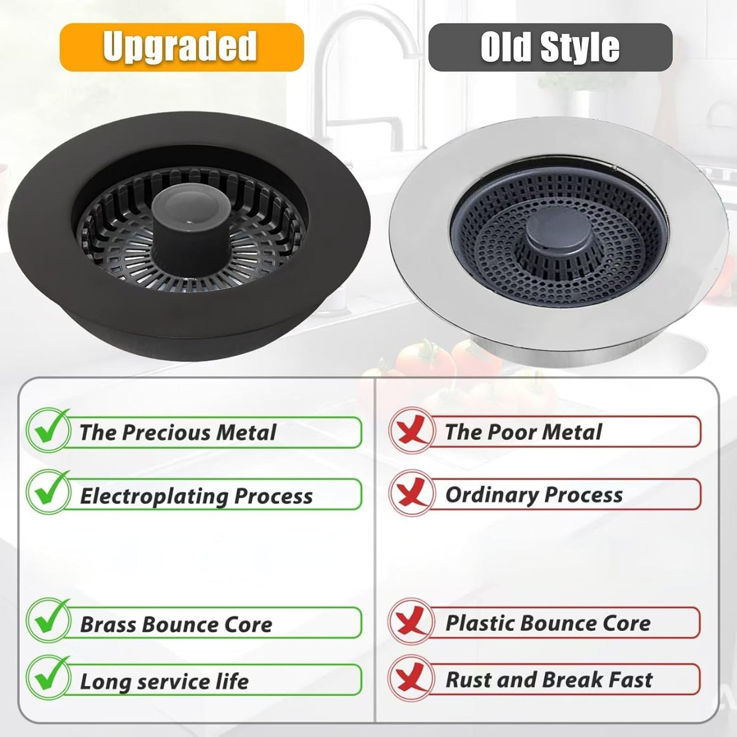 Anlige Kitchen Sink Drain Strainer, 3 in 1 Pop Up Kitchen Sink Stopper, with An Extra Basket Strainer, Universal for US Standard 3-1/2 Inch, Chrome Silver