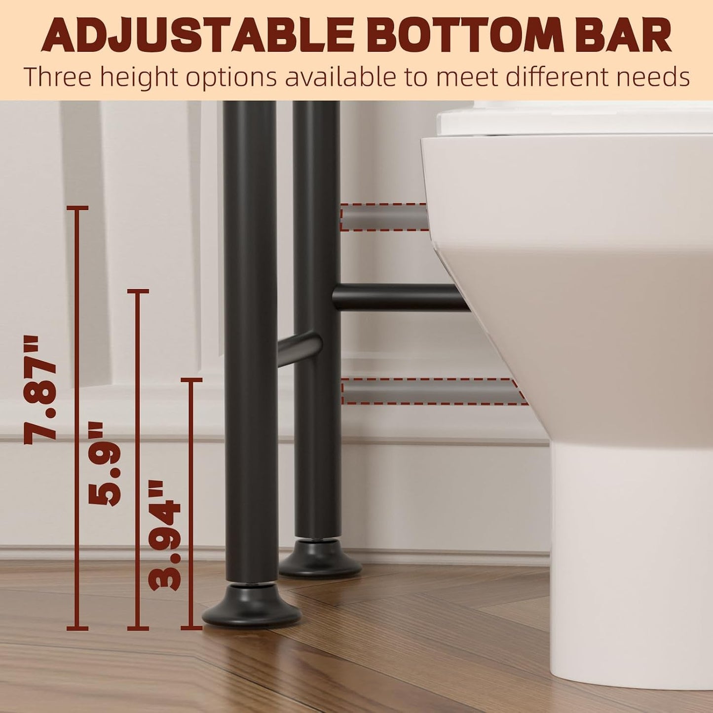 GloTika 3-Tier Over Toilet Storage, Anti-Tilt, 64" H, Black | Anti-Tilt Safety System, 150lb Capacity, Carbon Steel, Freestanding, No Drilling, Anti-Rust Coating, Paper Holder & 4 Hooks
