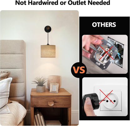 XSDeTu Battery Operated Wall Sconce with Remote, Rechargeable Battery Powered Wall Light, 3 Colors Dimmable Wall Mounted Lights, Adjustable Lamp for Bedroom Bedside, Wooden Arm, Fabric Shade, 2 Pcs