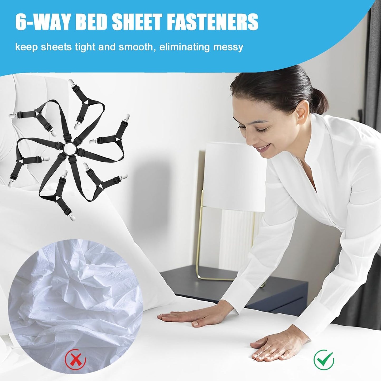 Bed Sheet Holder Straps, Adjustable Elastic Fitted Sheet Strap Tablecloth Clip Bed Suspender Fasteners Keep Sheets in Place Firm for Twin Full Queen King Bed Round Square Mattresses Table
