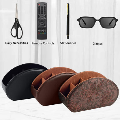 Leather Remote Control Holder with 5 Compartments TV Remote Caddy Storage Box/Tray,Desktop Organizer Store Controller,Glasses,Brush,Media Player,Pen,Space Saver for Bedside Table/Office Desk(Black)