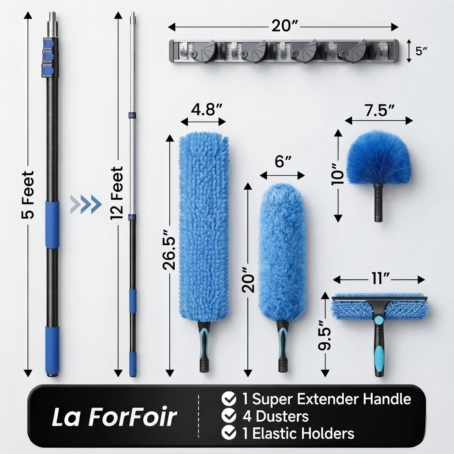 20ft High Ceiling Duster Kits with 5-12ft Heavy Duty Extension Pole - Fan Blade Cleaner, Cobweb Remover & Blue Window Squeegee Kit, Washable Dust Brush for High Roof and Glass Surfaces