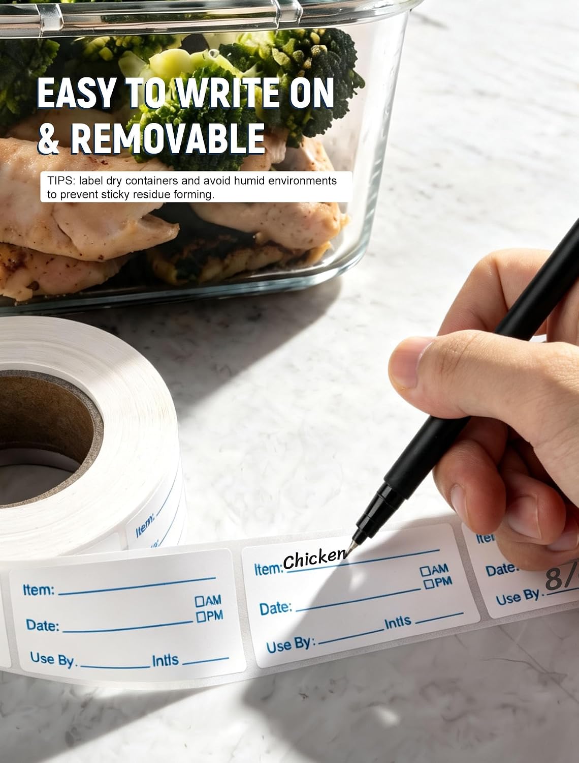 2 Rolls 1000 Pcs Removable Food Labels, 1 x 2 Inch Date Stickers w/Bonus Writing Pen for Freezer Refrigerator Food Containers, Easy to Write on Food Labeling for Food Storage Organization Kitchen Use