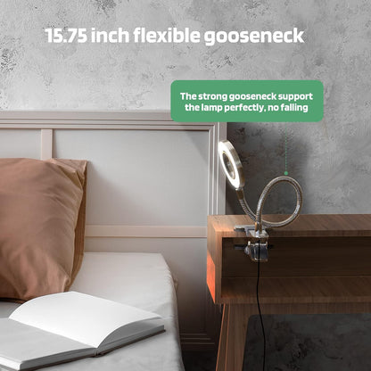 Glorious-LITE Clip on Light 36 LED Eye Caring Reading Light for Bed Silver | 360° Flexible Gooseneck, With 4 Color Modes, Dimmable Book Light for Bed, Desk, Headboard, USB Powered, With 59inch USB Wires