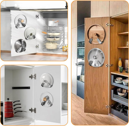 2 PCS Adjustable Pot Lid Holder, No Drill Adhesive Mount, Pot Lid Organizer for Cabinet Door/Wall Mounted, Fits 6-14" Lids