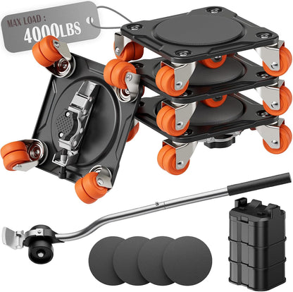 Heavy Duty Furniture Movers with 5-Wheel Dollies, Furniture Dolly Set with Lifter & Base, 360° Swivel Casters, Non-Slip Pads, Up to 2000 lbs Load Capacity
