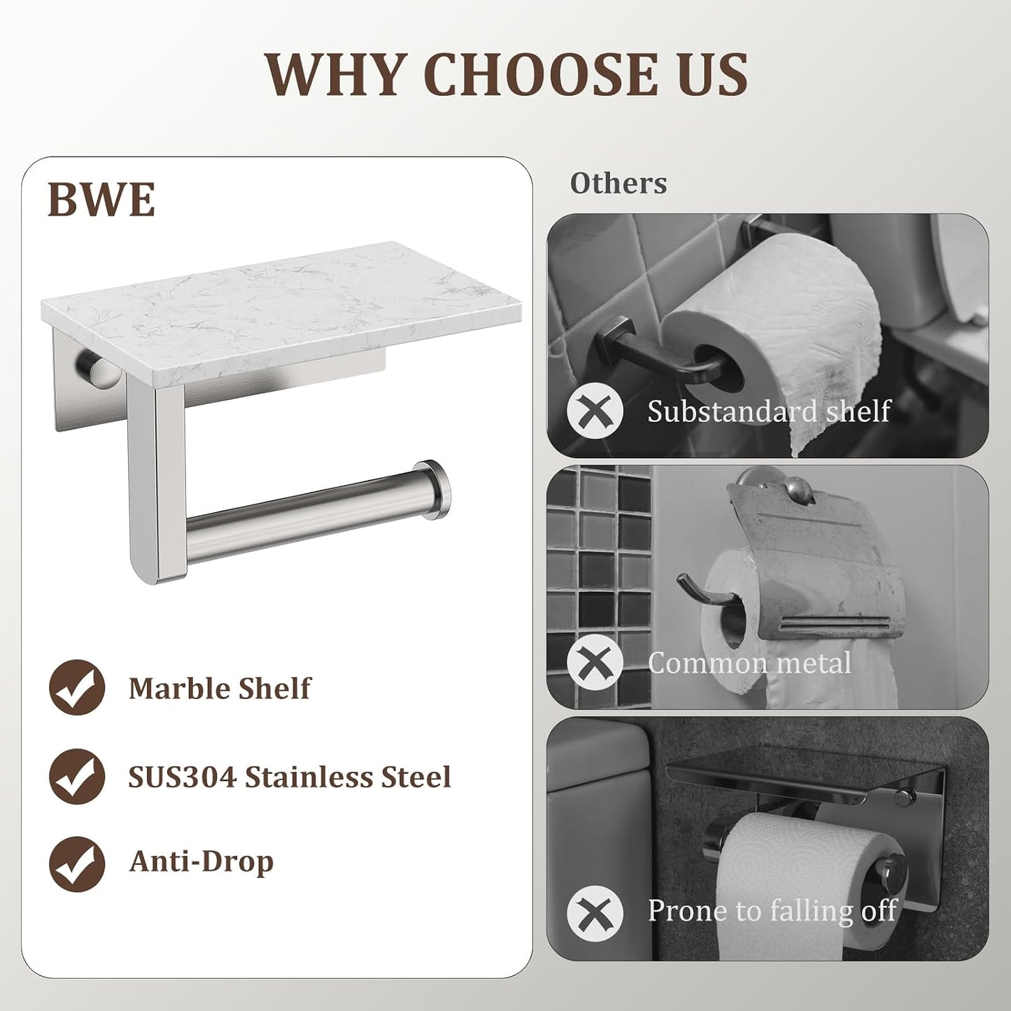 BWE Brushed Gold Toilet Paper Holder with Marble Shelf Wall Mounted | Toilet Paper Roll Holder with Phone Shelf 304 Stainless Steel Tissue Holder for Bathroom Washroom,Saving Space