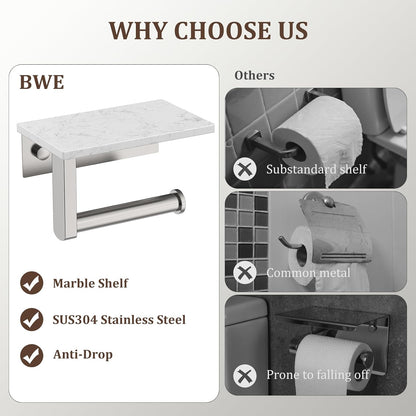 BWE Brushed Gold Toilet Paper Holder with Marble Shelf Wall Mounted | Toilet Paper Roll Holder with Phone Shelf 304 Stainless Steel Tissue Holder for Bathroom Washroom,Saving Space