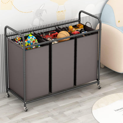 LINZINAR 3 Section Laundry Hamper, Black Laundry Basket 135L Laundry Sorter | Laundry Room Organization with Heavy Duty Rolling Lockable Wheels and Removable Bag, Bedroom Laundry Cart for Clothes Storage