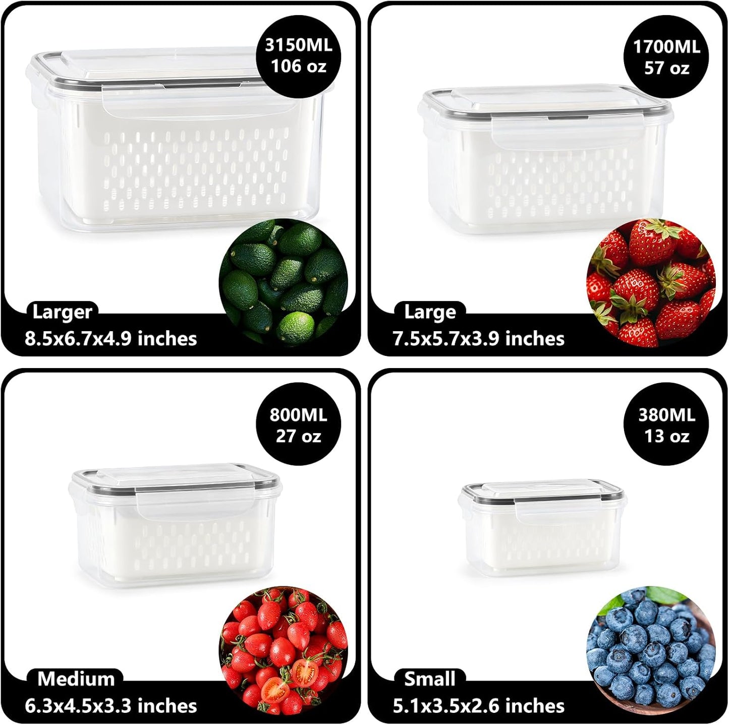 LoveBB 8 Pack Fruit Containers for Fridge, Plastic Food Storage Containers with Removable Colander Produce Saver Containers for Fruits, Vegetables, Berry, Meat Keeper Fresh