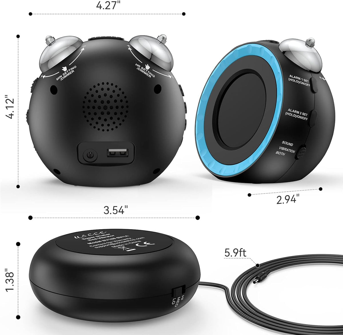 uscce Loud Dual Alarm Clock with Powerful Adjustable Bed Shaker