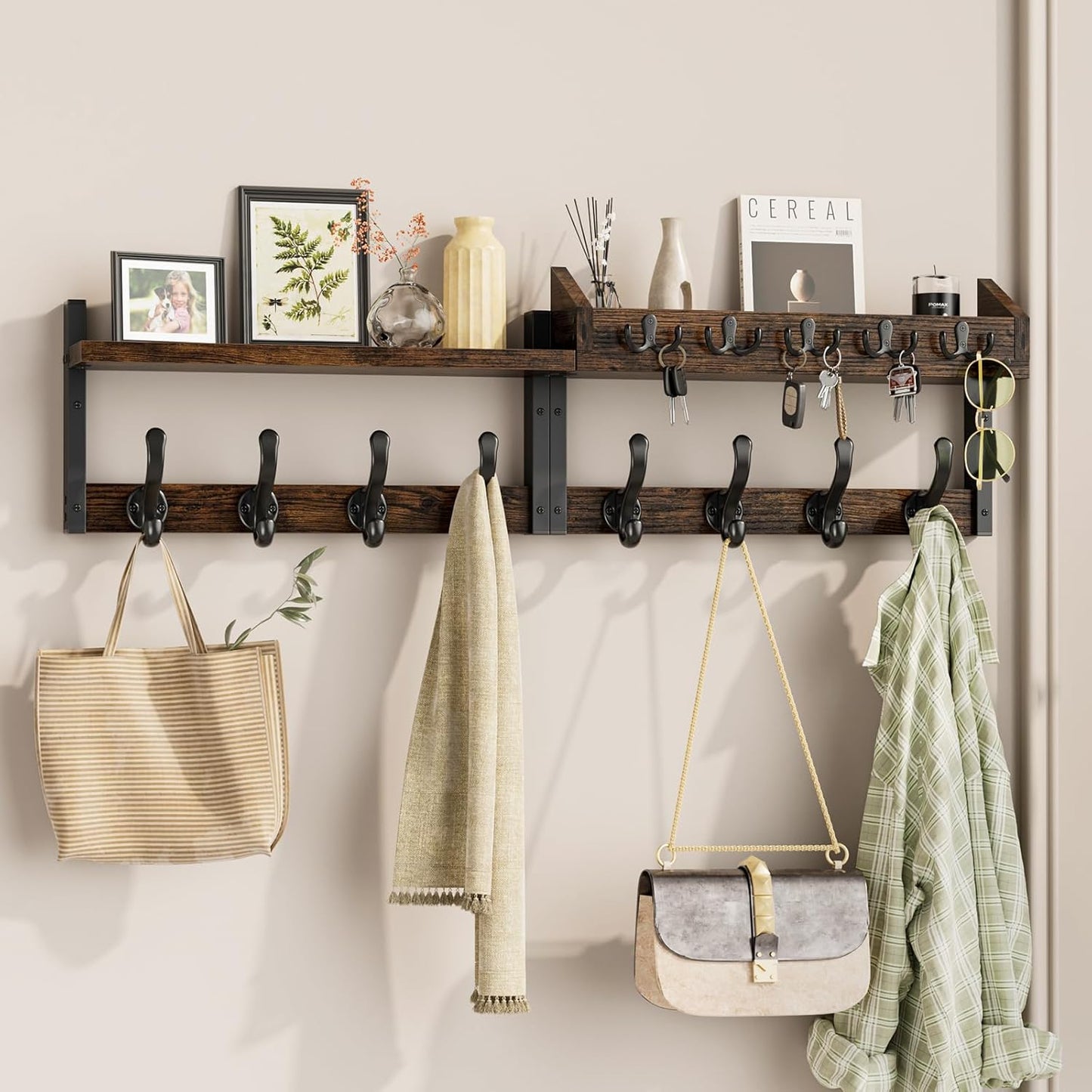 Evermagin 29" Coat Rack Wall Mount with Shelf for Entryway, Rustic Brown | Wall Mounted Coat and Key Rack with Hooks, Key Holder with Mail Organizer for Wall, Living Room, Mudroom, Bedroom