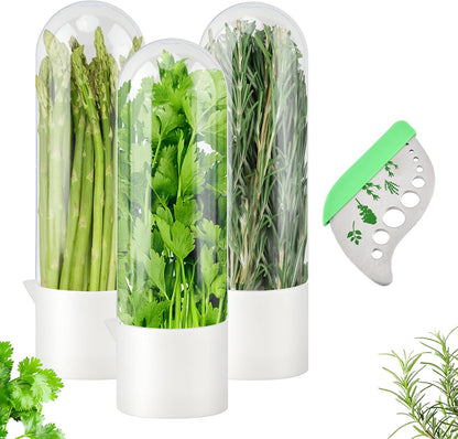 3Pcs Refrigerator Herb Keeper Containers,Herb Saver Jars with Herb Stripper | Clear Plastic 10×3in Jar,Keeps Herbs Fresh 2–3 Weeks,Dishwasher Safe,Fits Cilantro Asparagus,Stainless Steel Herb Stripper