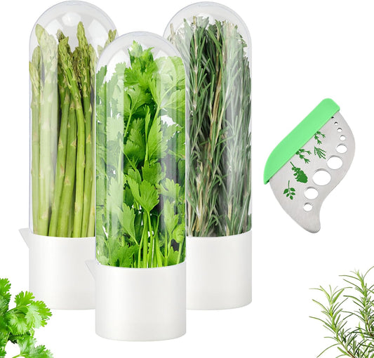 3Pcs Refrigerator Herb Keeper Containers,Herb Saver Jars with Herb Stripper