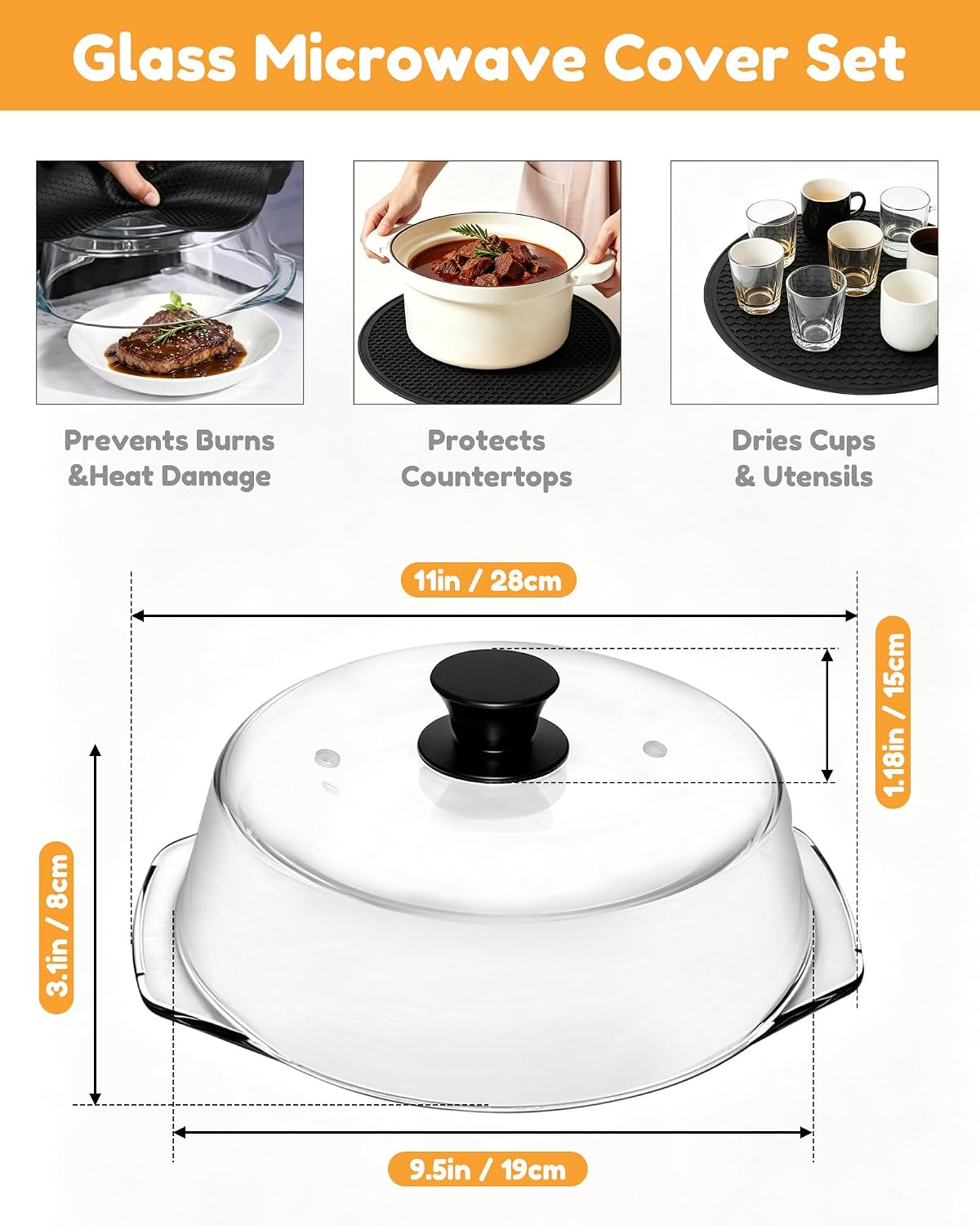Tall Glass Microwave Splatter Cover for Food & Microwave Place Mat,2 in 1,Sturdy clear 100% food safe BPA free glass lid with easy grip silicone handle，Dishwasher safe for easy cleaning