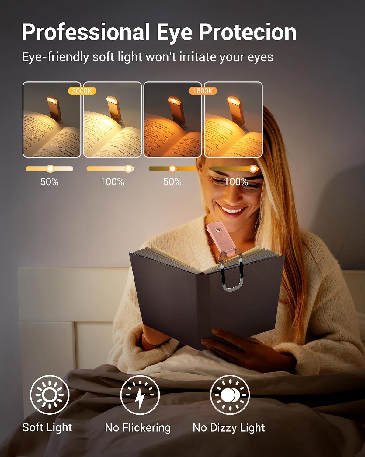 DEWENWILS USB Rechargeable Book Reading Light, LED Clip on Booklight Green | Blue Light Blocking, Amber & Warm White, Flexible Lighting Angle, Compact & Lightweight for Plane, Train, Car Traveling