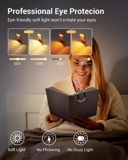 DEWENWILS USB Rechargeable Book Reading Light, LED Clip on Booklight Green | Blue Light Blocking, Amber & Warm White, Flexible Lighting Angle, Compact & Lightweight for Plane, Train, Car Traveling