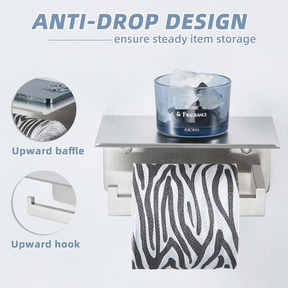 APLusee Toilet Paper Holder with Shelf for Wall, Left Side, Brushed Nickel | Robust 304 Stainless Steel, Drilling Wall Mounted, Fits for Bathroom, Restroom, Vanity, Kitchen, Paper Roll & Phone Storage