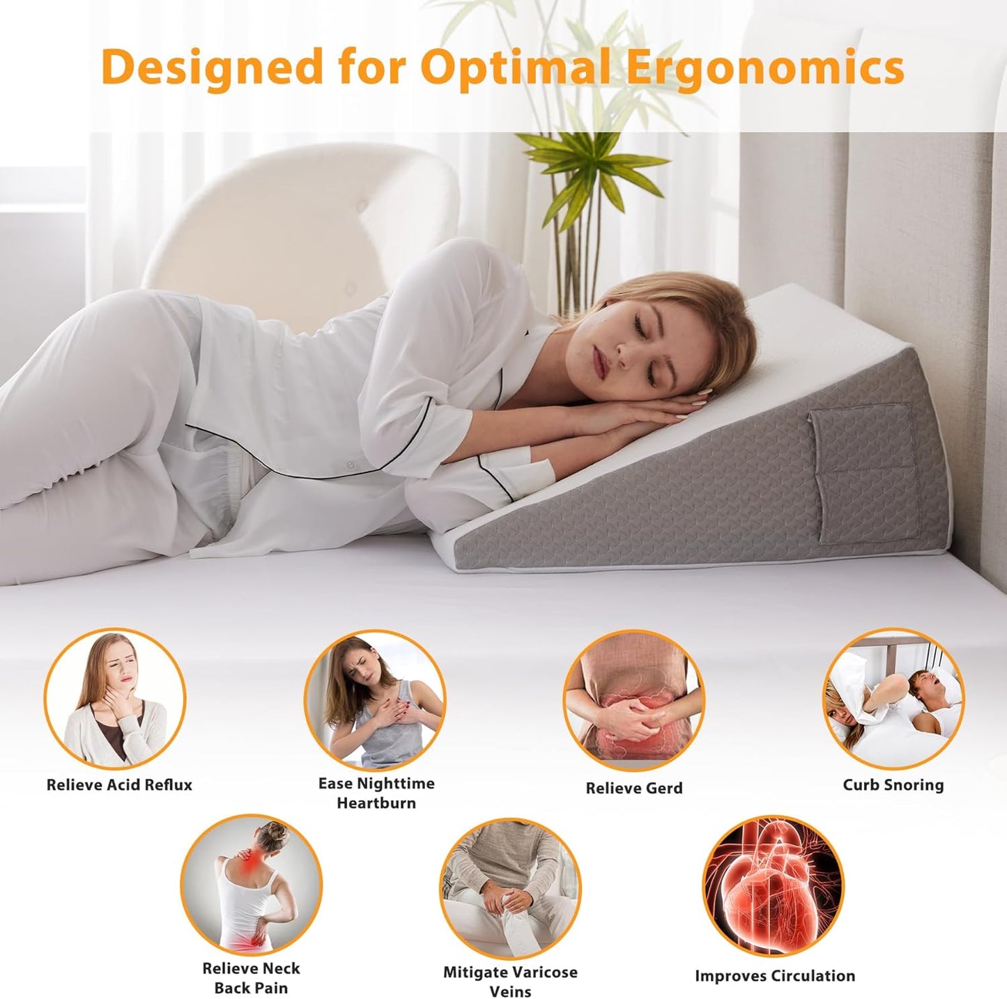 Ruqmuis Wedge Pillow for Acid Reflux, Bed Wedge Pillow for Headboard 10", Pillow Wedge for Back Pain Relief, Post Surgery, Elevated Pillows for Sleeping, Snoring, Triangle Pillow with Cover, White