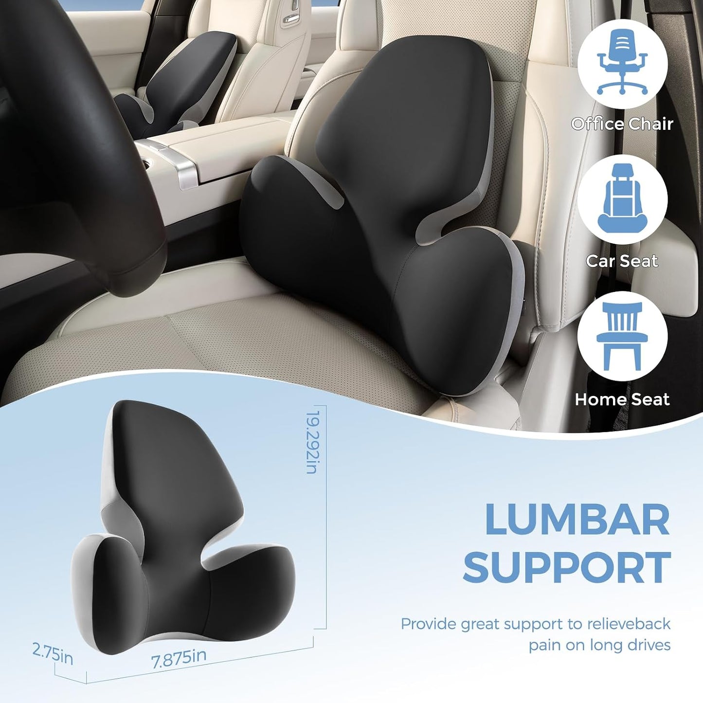 BEBAS Lumbar Support Pillow for Car, Memory Foam Back Cushion for Driving | Ergonomic Wing Wrapping, Back Pain Relief, Breathable Removable Cover, Softness, Universal Fit Car Seat, Office Chair