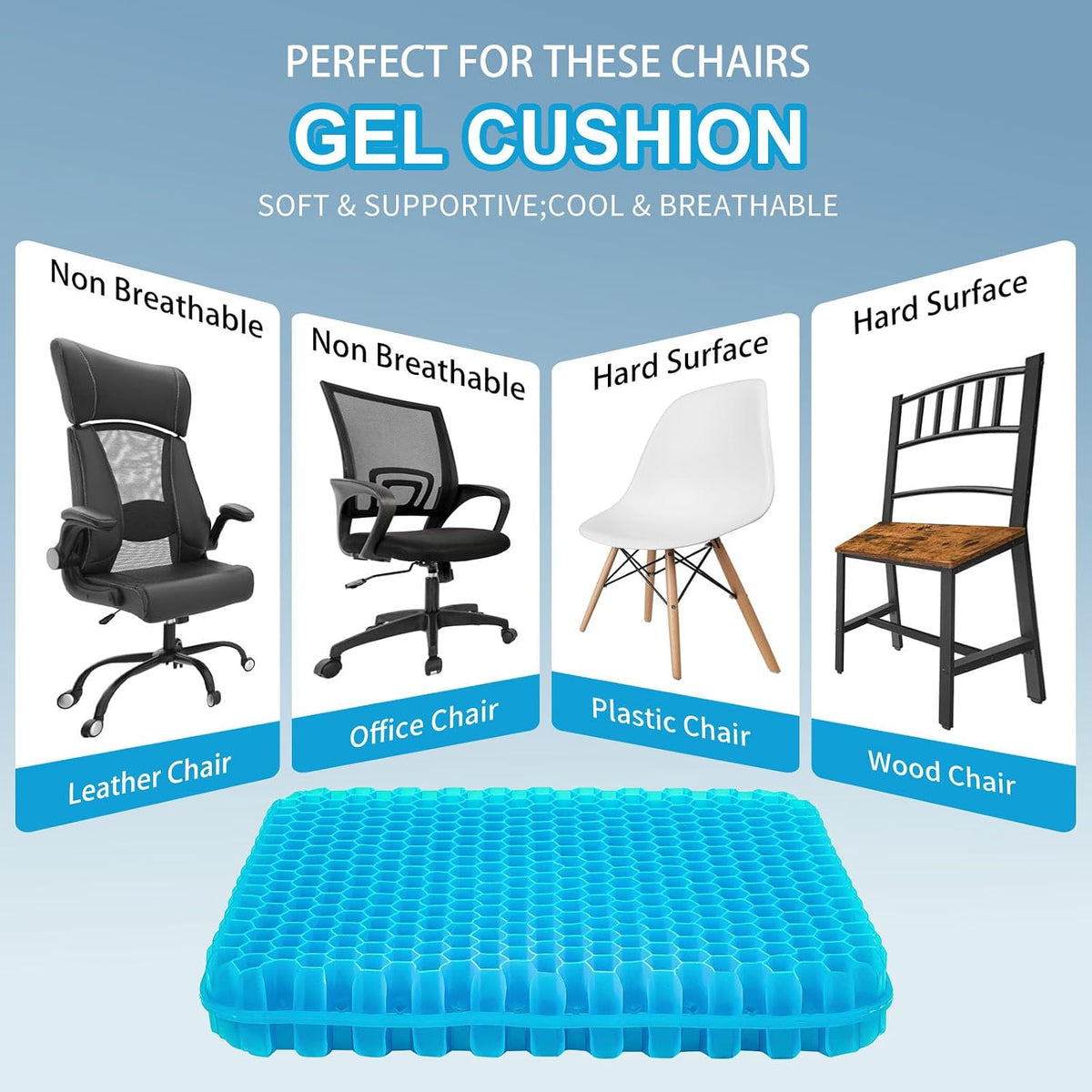 Gel Seat Cushion for Long Sitting - 16.5" x 14.5" x 2.4" (Extra Thick＆Soft)