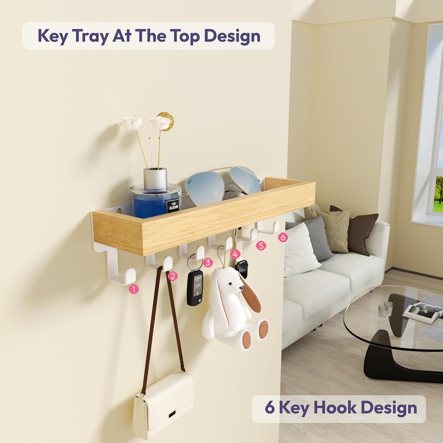 SWTYMIKI Key Holder Wall Mount - Wooden Key Hooks for Wall with Mail Organizer & 6 Hooks, 2 Installation Ways Key Hanger, Key Rack with Shelf for Entryway Living Room Bedroom Office Home Decor Black
