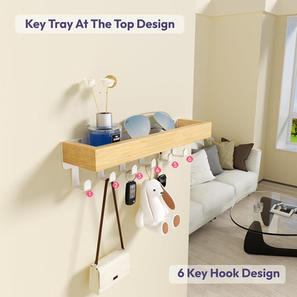 SWTYMIKI Key Holder Wall Mount - Wooden Key Hooks for Wall with Mail Organizer & 6 Hooks, 2 Installation Ways Key Hanger, Key Rack with Shelf for Entryway Living Room Bedroom Office Home Decor Black