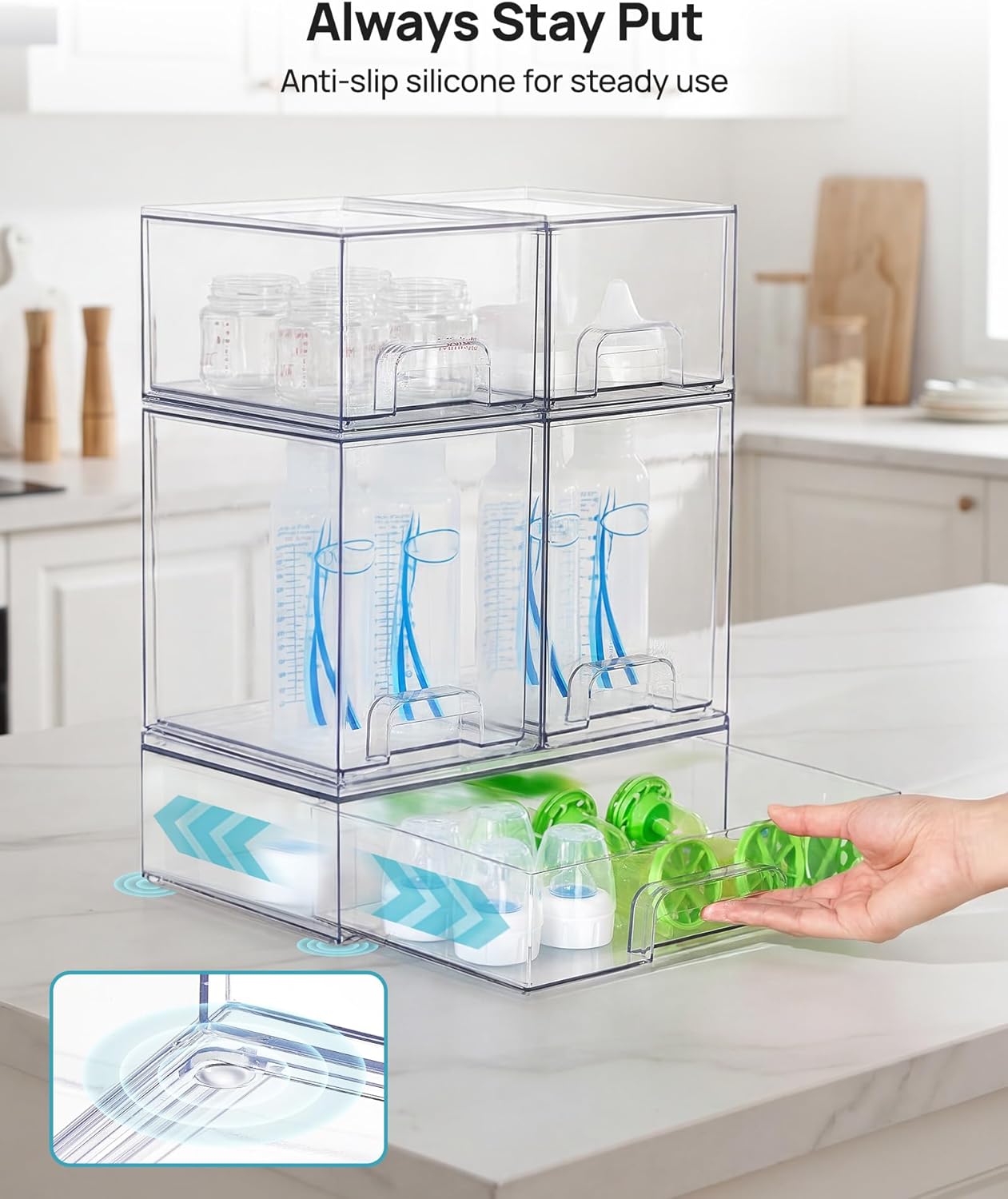 Vtopmart Clear Stackable Storage Drawers Set of 6, Plastic Organizer Bins | Multi-purpose Boxes for Bathroom Accessories Storage, Ideal for Cabinet, Shelf, Pantry, Laundry Room Organization