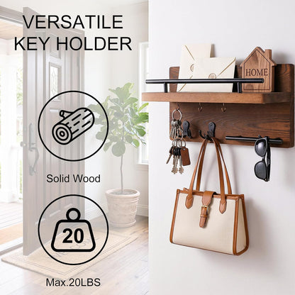 OurWarm Wall Mounted Key Holder/Hangers for Wall Decorative with 5 Key Hooks, Wooden Mail Rack Organizer with Shelf, Rustic Home Decor for Entryway Mudroom Hallway Office, Brown
