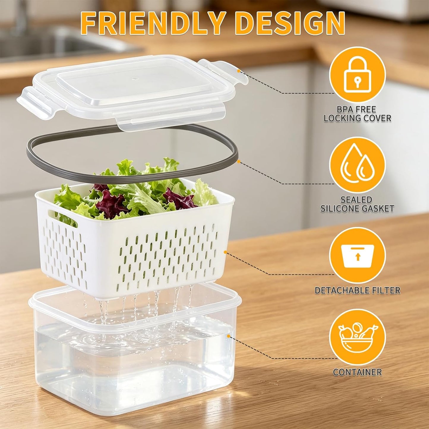 Salad Storage Container for Refrigerator, Salad Crisper Container for Fridge, 3 Pack No-Leak Food Storage Containers, Removable, Sealed Silicone Gasket, Simple to Use, Great for Salads